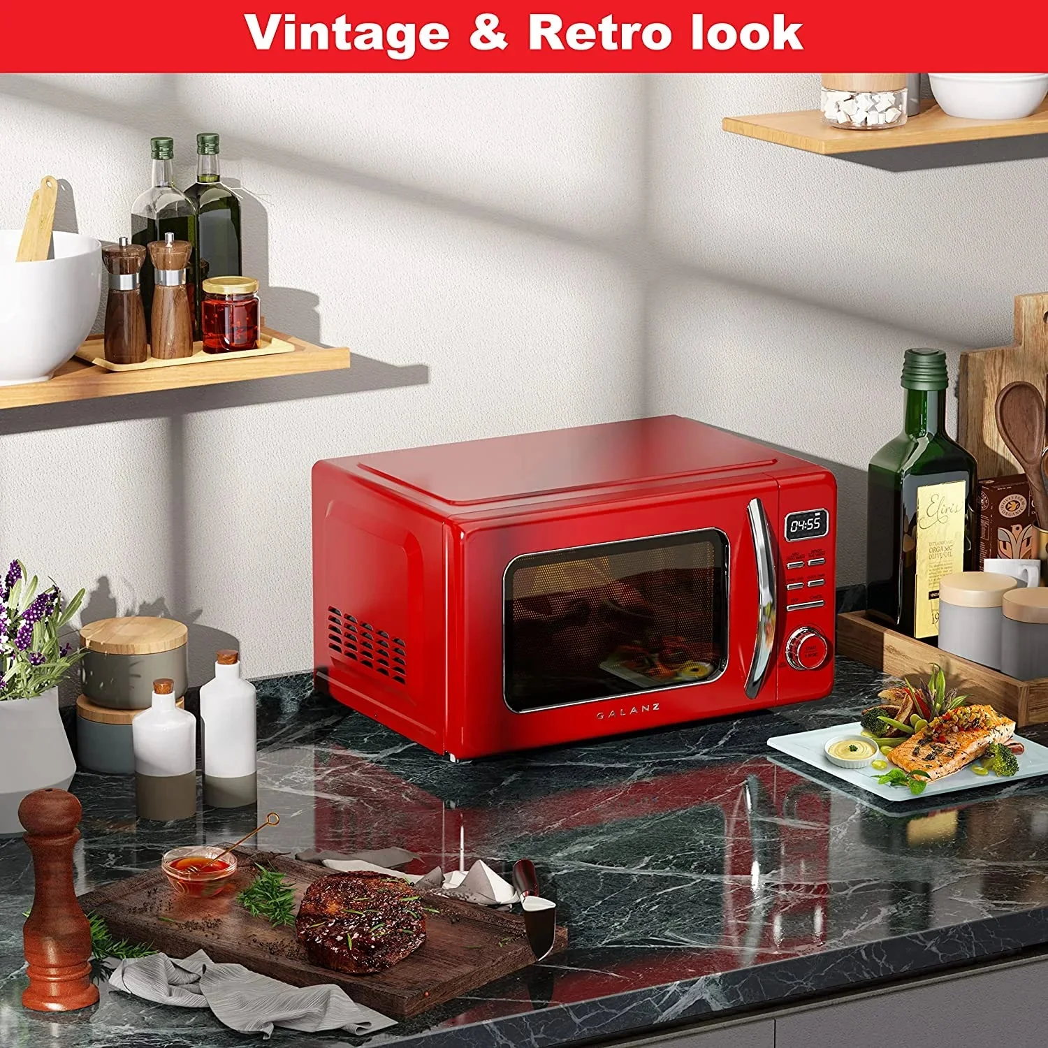 Galanz Retro Countertop Microwave Oven, 0.9 cu ft, Red - GLCMKZ09RDR09 - Image 5