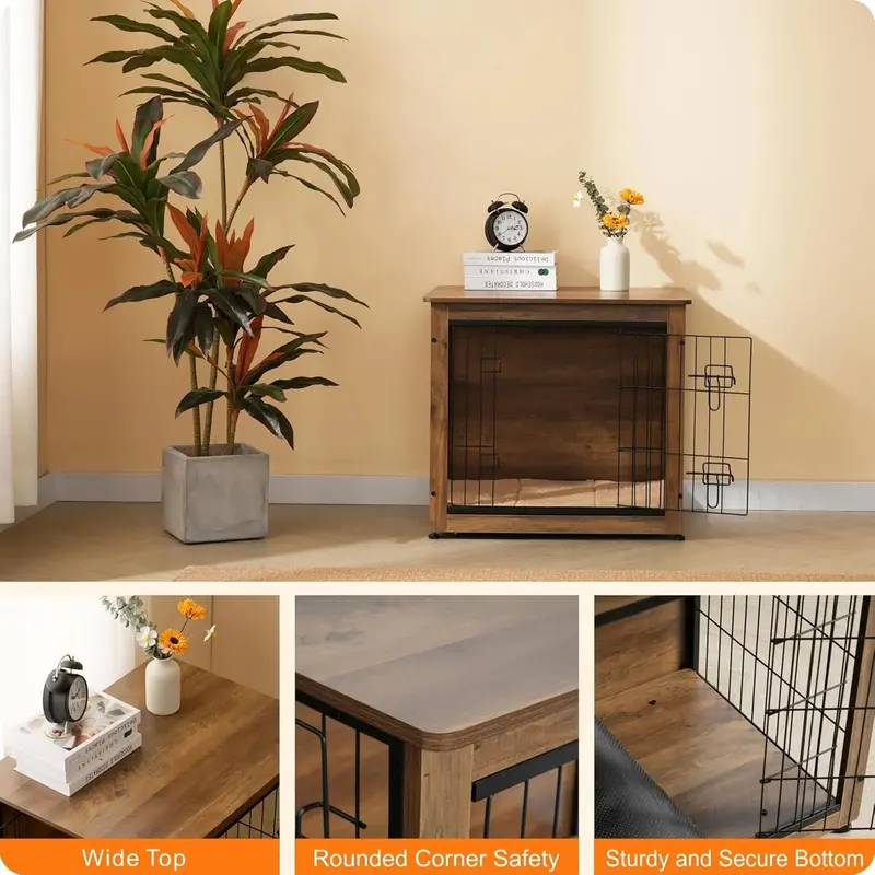 DWANTON Wooden Dog Crate Furniture With Cushion, Double Doors And Adjustable Feet - Image 5
