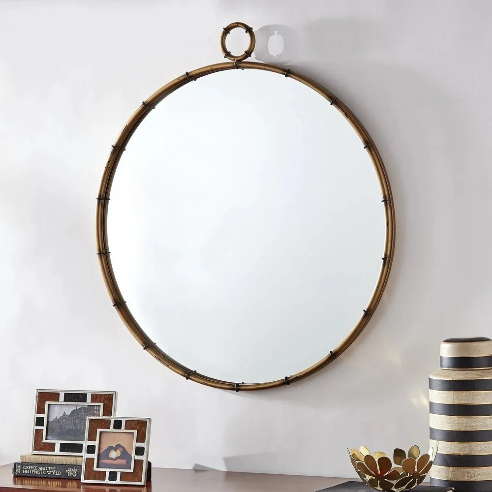 Round Wall Mirror With Antique Brass Finish And Decorative Ring Detail - 31.5in W x 1.5in D x 35in H - Image 2