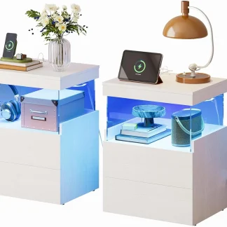 Fixwal LED Night Stand Set of 2, White Morden Night Stand with Charging Station, Decor for Bedroom, End Table with 2 Wood Drawers, Beside Table