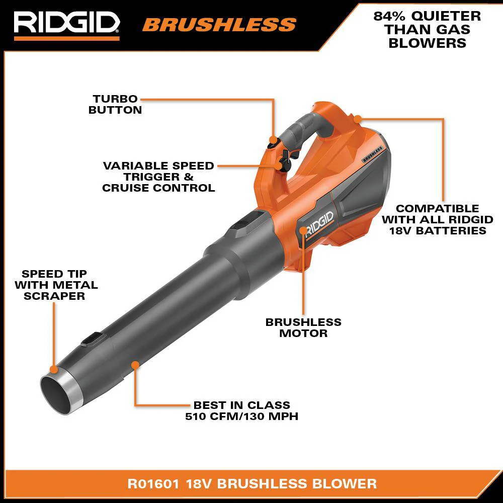 RIDGID 18V Brushless Cordless Leaf Blower, 510 CFM, 130 MPH, with 6.0Ah Battery & Charger - Image 3