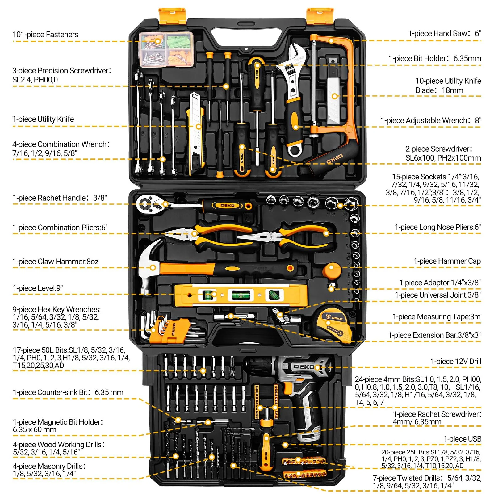 Tool Kit Box Drill Set: Home Mechanic Toolbox with 12V Power Cordless Drill - Image 2