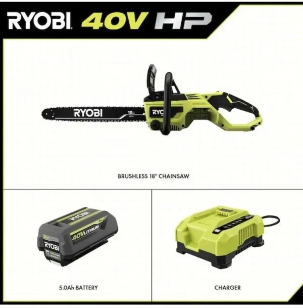 Ryobi 18 40V Cordless Chainsaw Kit with Battery & Charger, Green - Image 2