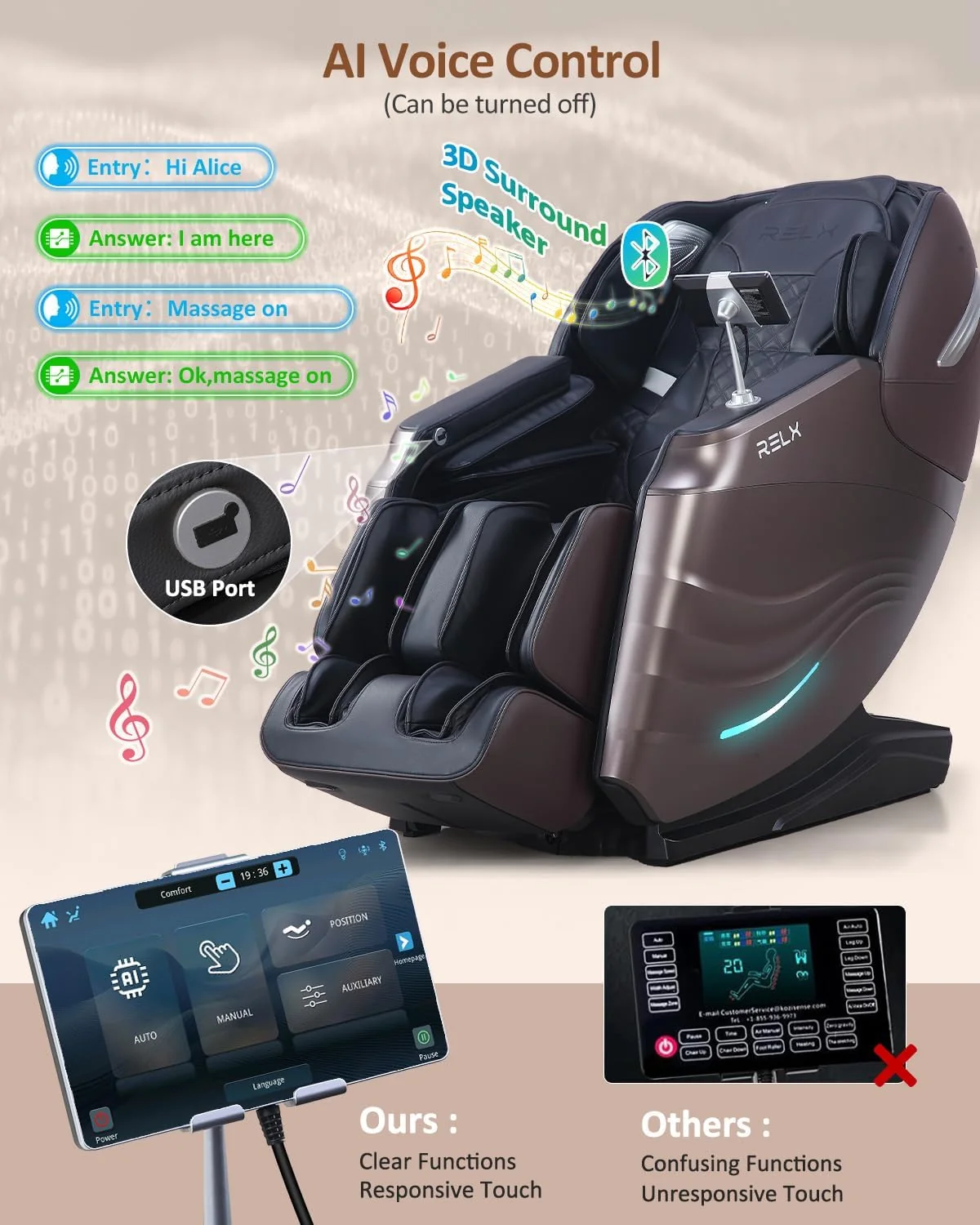 RELX Full Body Massage Chair, 20 Modes, 53-inch SL-Track, Brown - Image 7