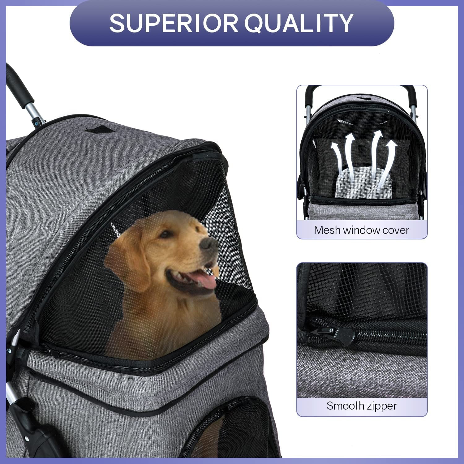 Dkelincs 4-Wheel Foldable Dog Cat Stroller Travel Carrier, Grey - 29.5in L x 18.9in W x 39.8in H - Image 2