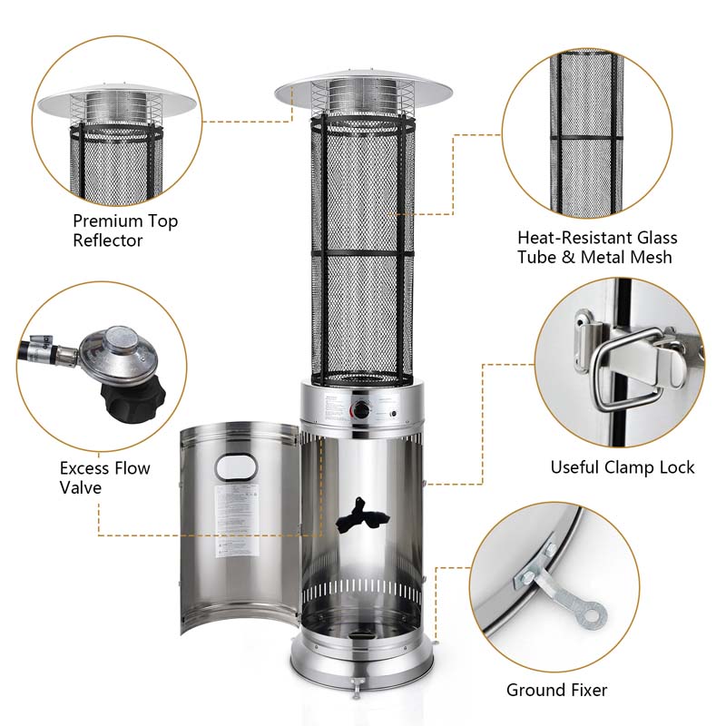 41000 BTU Standing Propane Patio Heater with Wheels, Stainless Steel Round Glass Tube Gas Outdoor Heater - Image 9