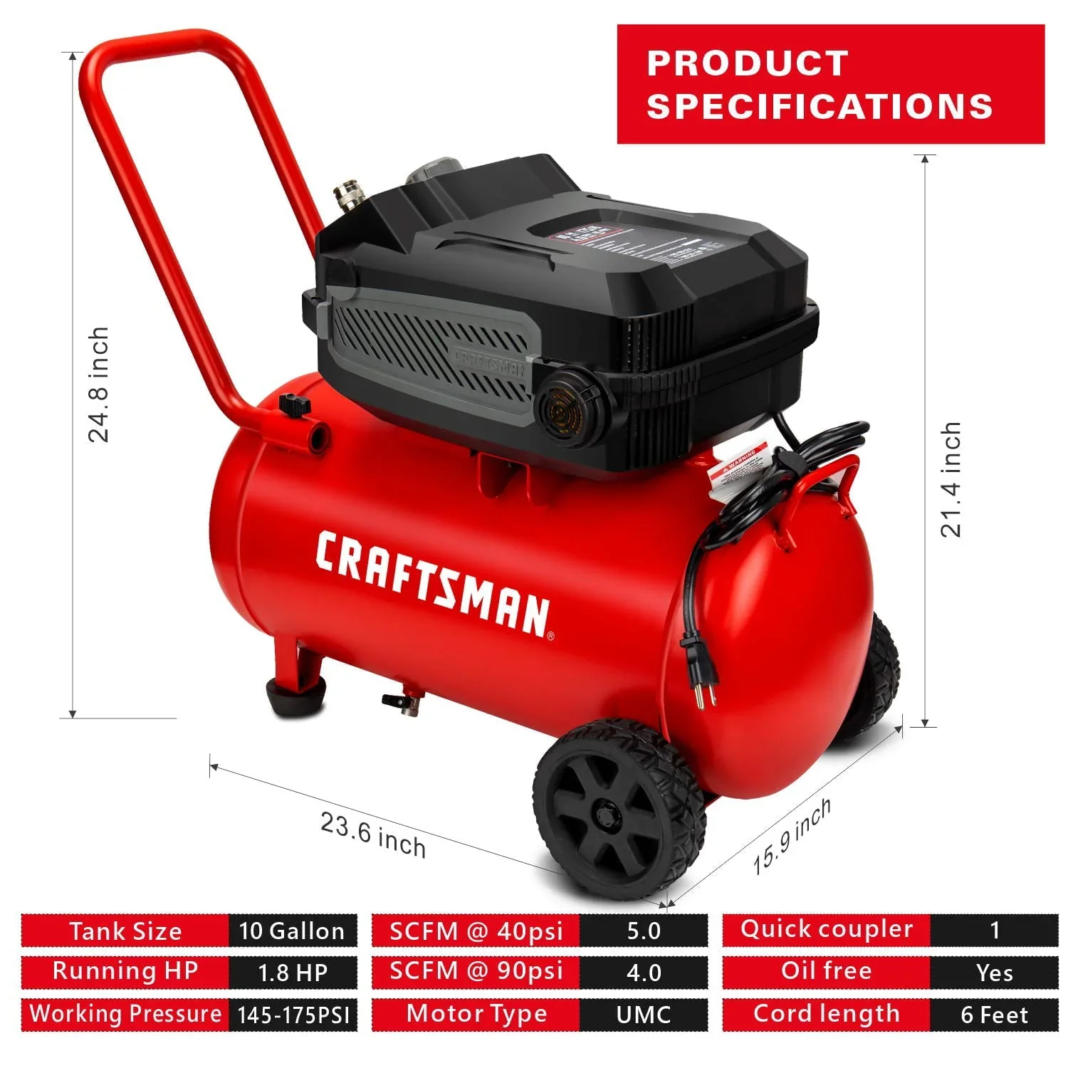 HARD Air Compressor, 10 Gallon 1.8 HP 175 PSI, 4.0CFM@90PSI, Oil Free and Maintenance Free, Portable with Large Wheels, CMXECXA0201041 - Image 3