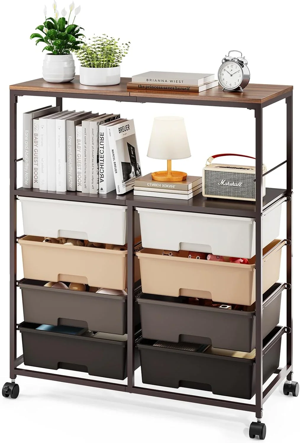 8-Drawer Rolling Storage Cart With Wooden Top And Lockable Wheels