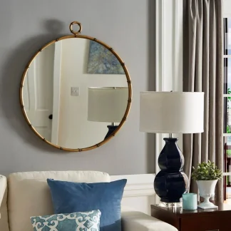 Round Wall Mirror With Antique Brass Finish And Decorative Ring Detail - 31.5in W x 1.5in D x 35in H