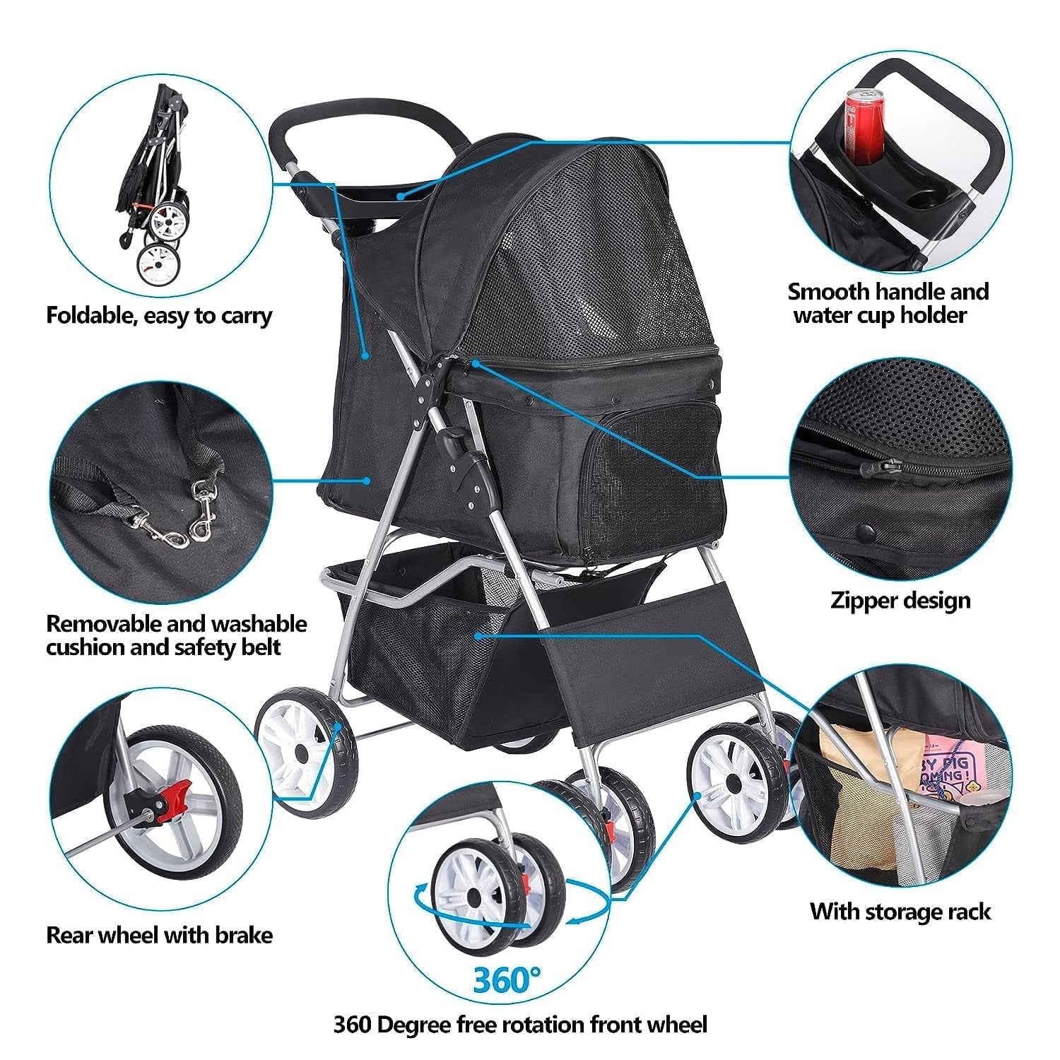 Foldable Cat/Dog Pet Stroller With 4 Wheel, Storage Basket, Cup Holder - Black - Image 7