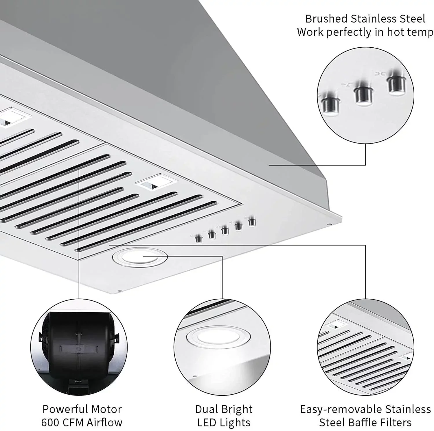 Range Hood 30 inch Built-In Insert Vent Hood, 600 CFM, Stainless Steel - Image 5
