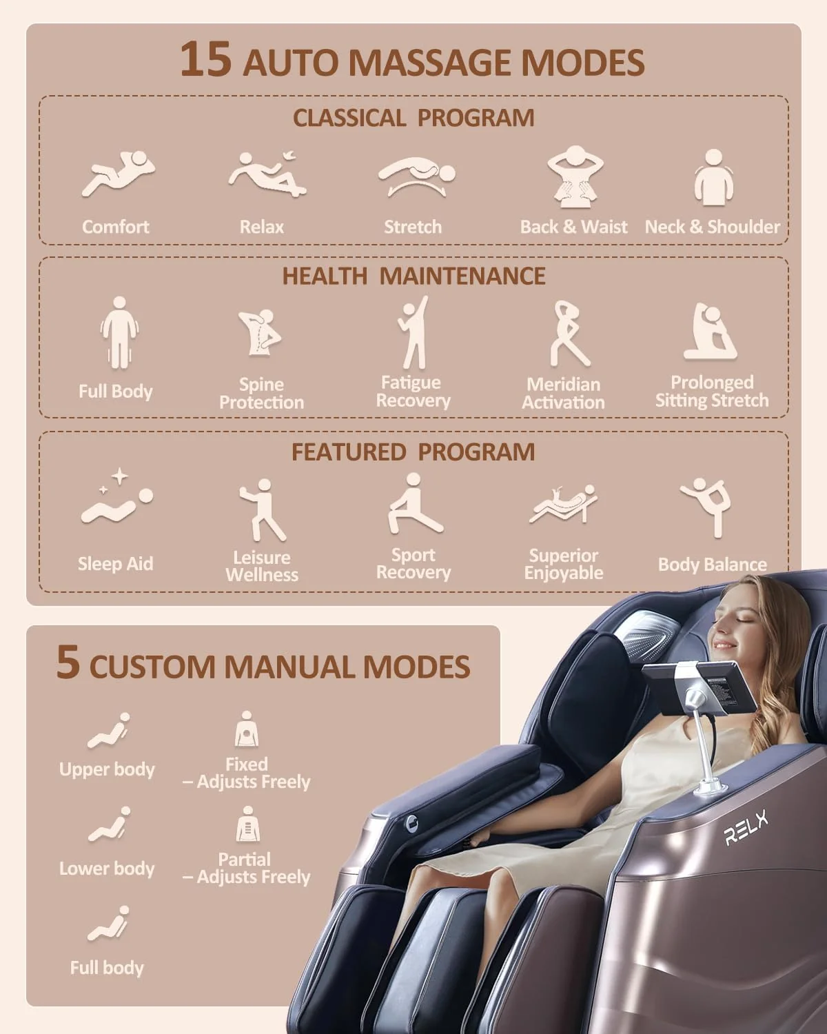 RELX Full Body Massage Chair, 20 Modes, 53-inch SL-Track, Brown - Image 3