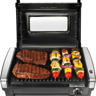 Hamilton Beach Electric Indoor Searing Grill with Viewing Window & Adjustable Temperature Control to 450F, 118 sq. in. Surface Serves 6, PFAS-Free Removable Nonstick Grate, Stainless Steel