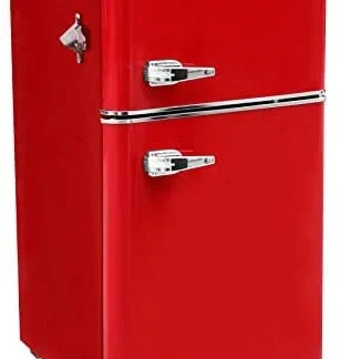 Compact Two-Door Refrigerator With Freezer, 3.2 Cu Ft, Red/Black, 19.69 x 21.06 x 33.46 Inches