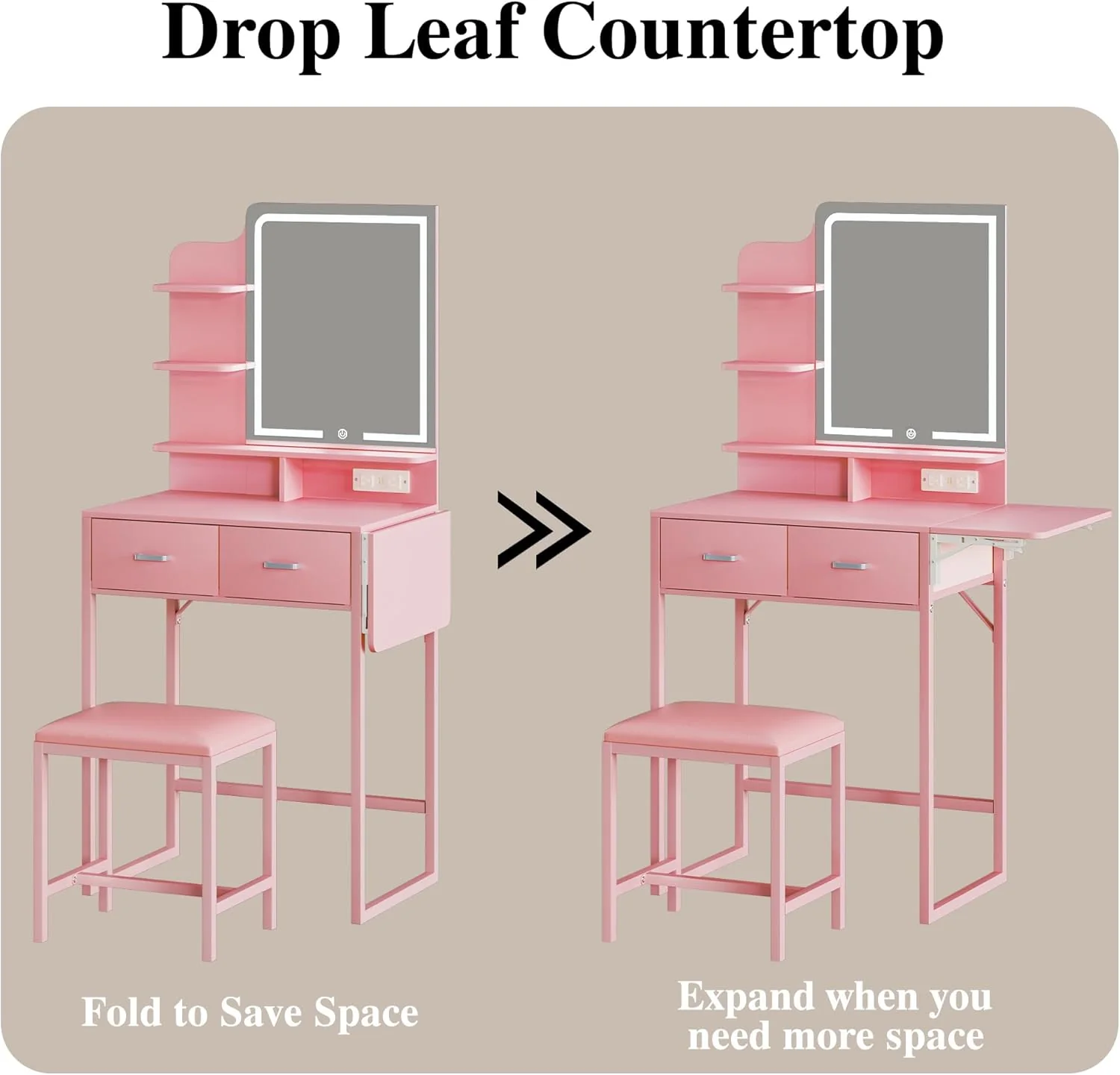 Fixwal 3-in-1 Compact Makeup Vanity Desk with Foldable Side Panel, LED Mirror & Power Outlet - Image 5
