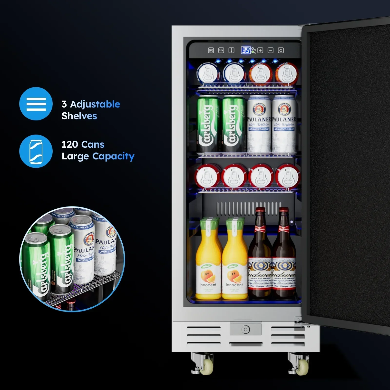 Ecojoy 15 Inch Stainless Steel Under Counter Beverage Refrigerator, 120 Cans - Image 3