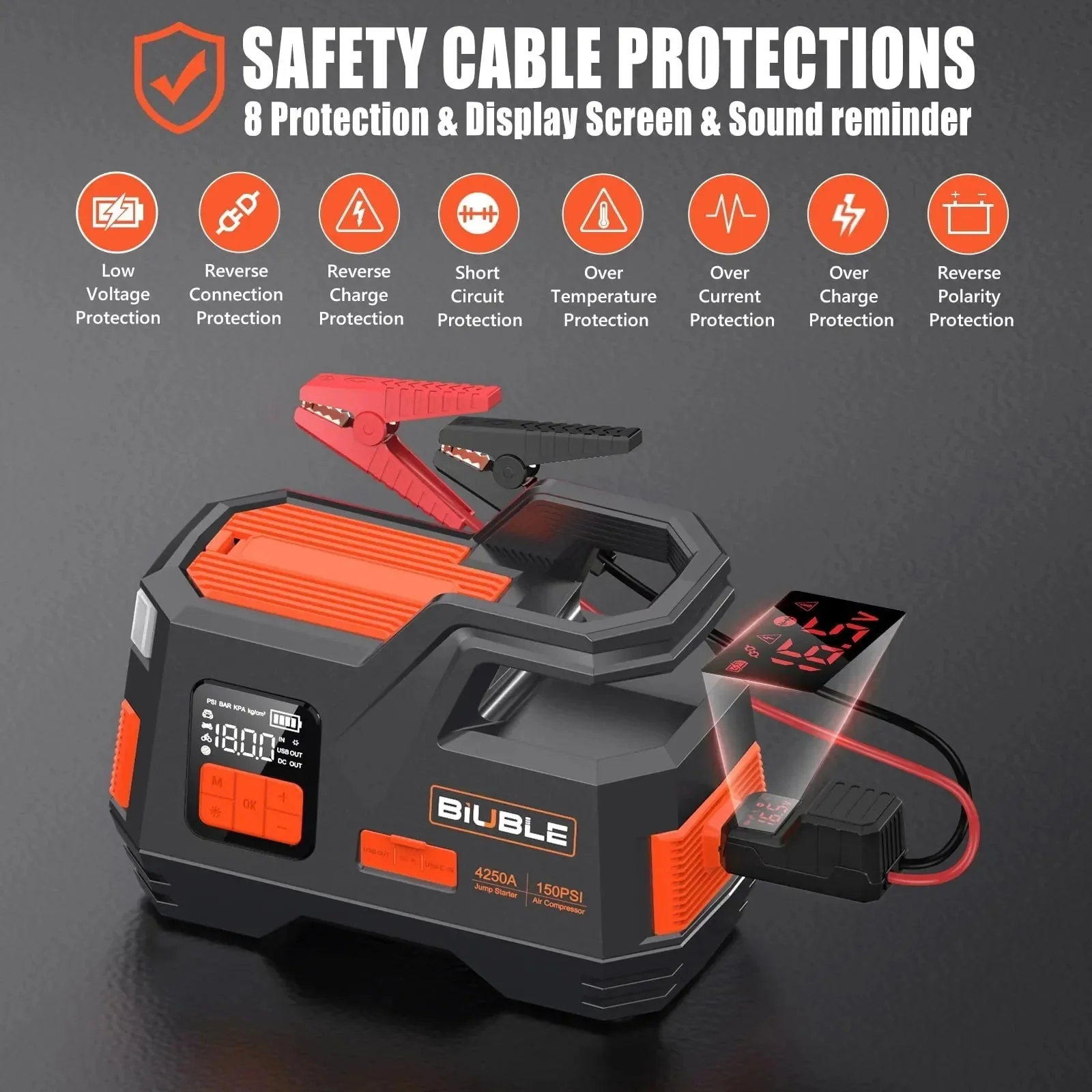 Car Jump Starter with Air Compressor, 4500A Peak 26800mAh 12V Auto with 150PSI Tire Inflatorup to All Gas or 10.0L Diesel Engine - Image 7