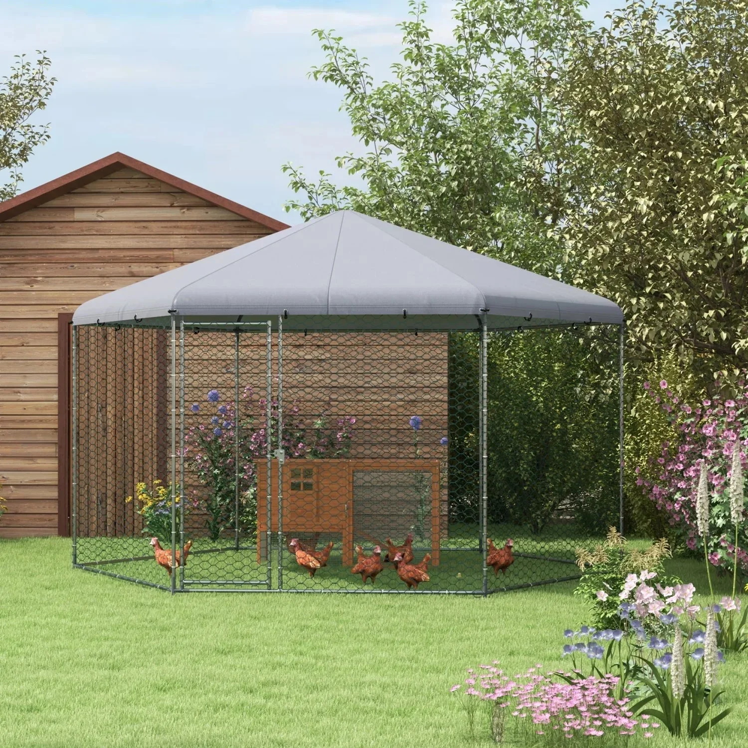 PawHut Large Metal Coop Run With Waterproof Anti-UV Cover, 13 ft x 11.4 ft x 8.6 ft - Image 2