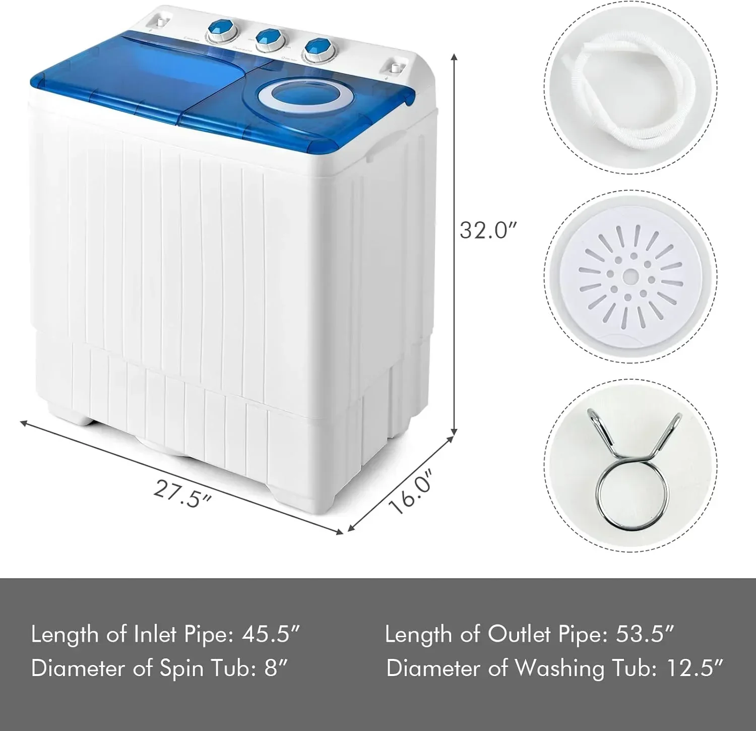 Costway Double Tub Washing Machine, 26 lb Capacity, 18 lb Wash, 8 lb Spin, Drain Pump - Image 12
