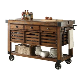 Kitchen Island Cart With 3 Drawers, Wood And Metal, Distressed Chestnut