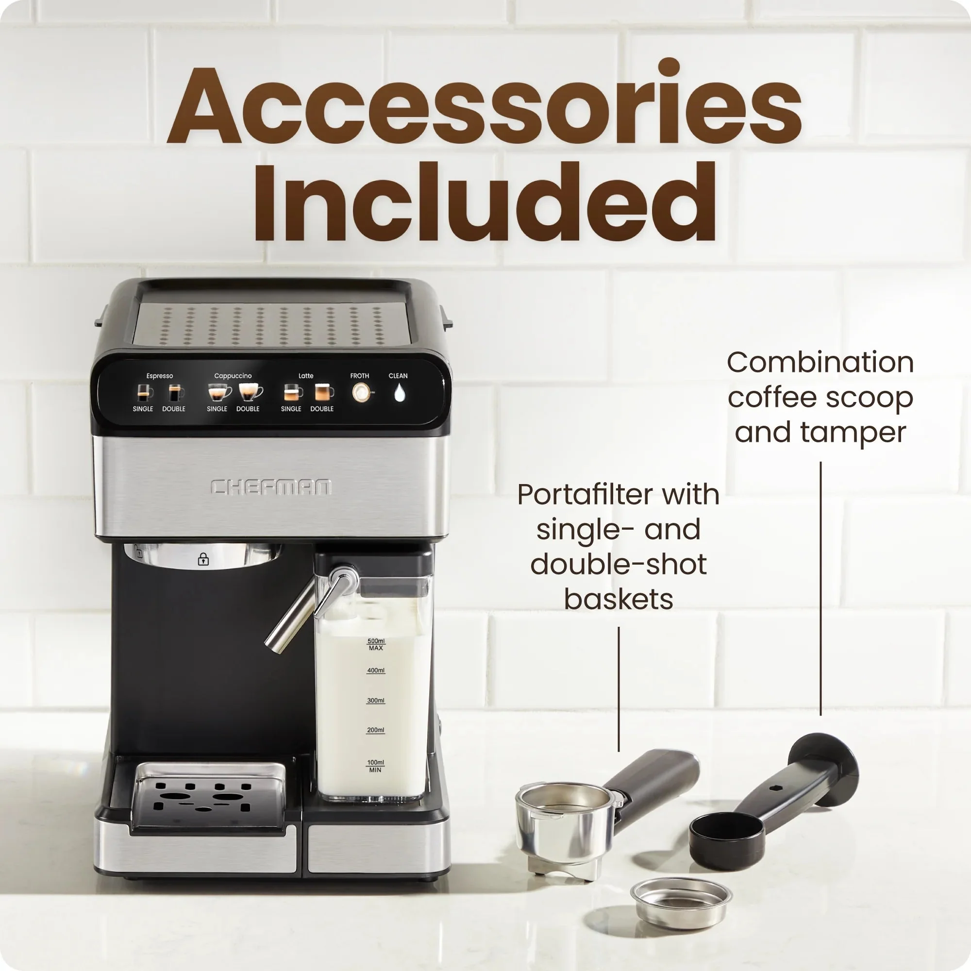 Chefman CafeMaster Pro 6-in-1 Espresso Machine With Milk Frother, Stainless Steel, 1.8-Liter - RJ54-I-SV / RJ54-I-SV-AM - Image 7