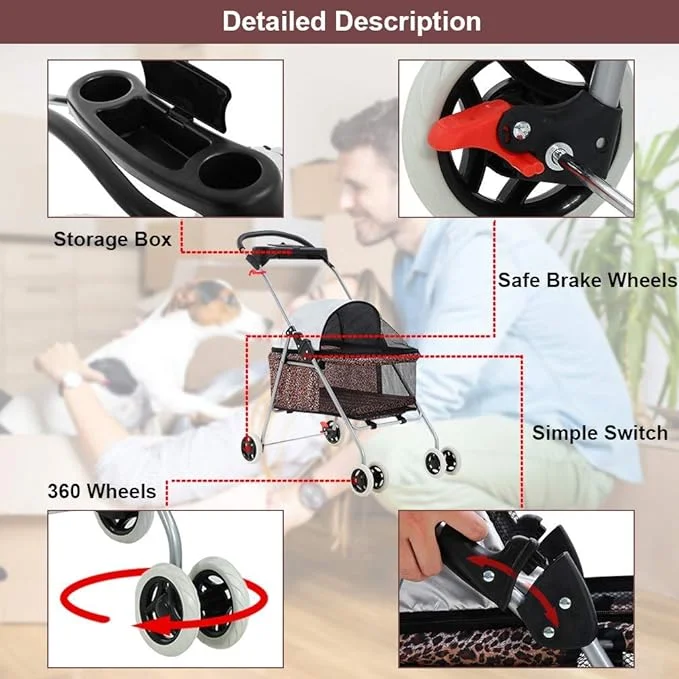 BestPet Posh Pet Stroller, Leopard Skin - Image 5