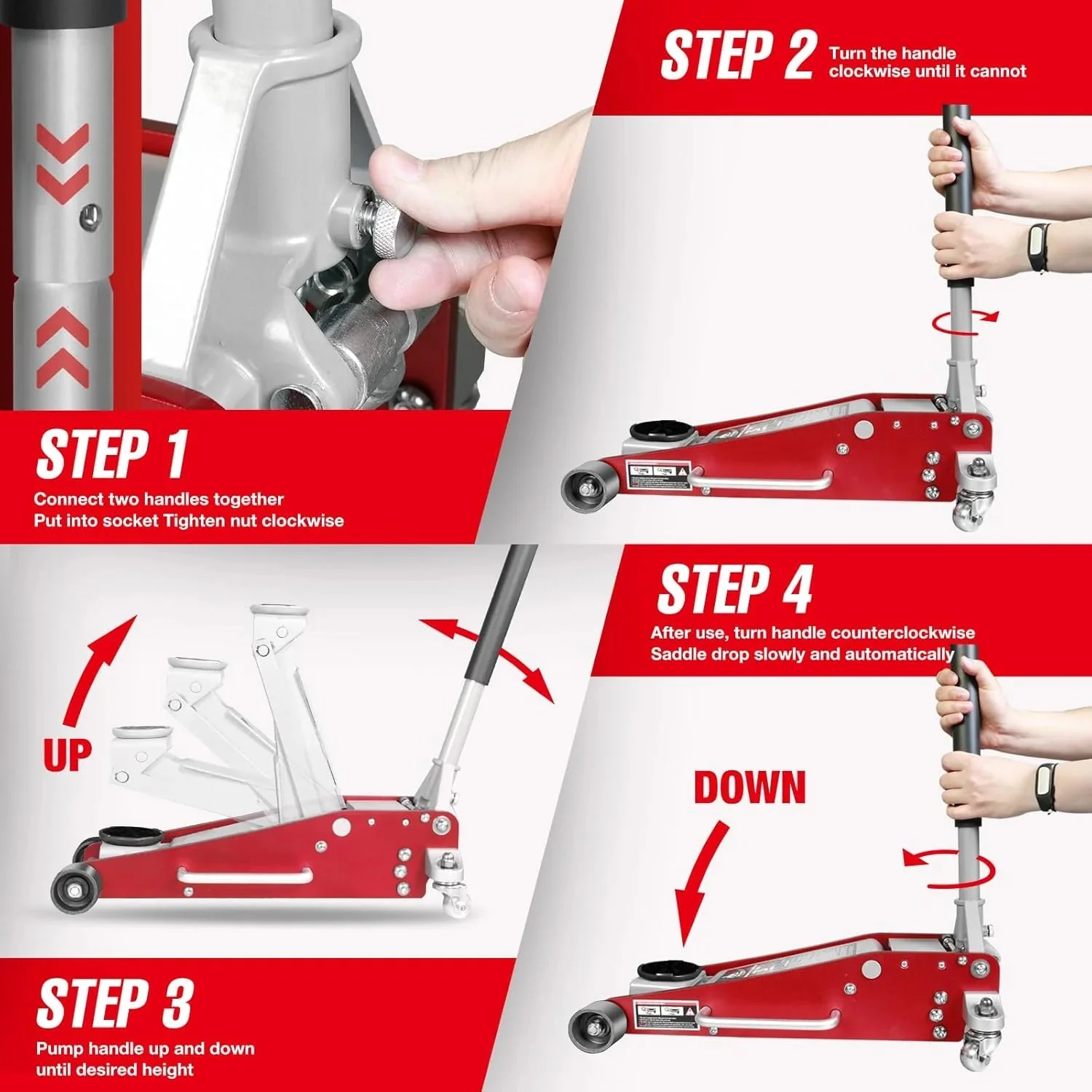 3 Ton Low Profile, Aluminum and Steel Racing Floor Jack with Dual Pistons Quick Lift Pump for Sport Utility Vehicle, Lifting Range 3-15/16" min to 18-5/16" max, Red - Image 3