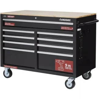 Gloss Black 46′′ 9-Drawer Mobile Tool Chest Workbench with Power Strip & Solid Wood Top