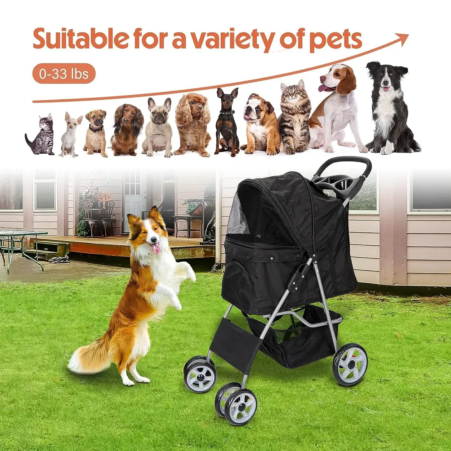 Foldable Cat/Dog Pet Stroller With 4 Wheel, Storage Basket, Cup Holder - Black - Image 4