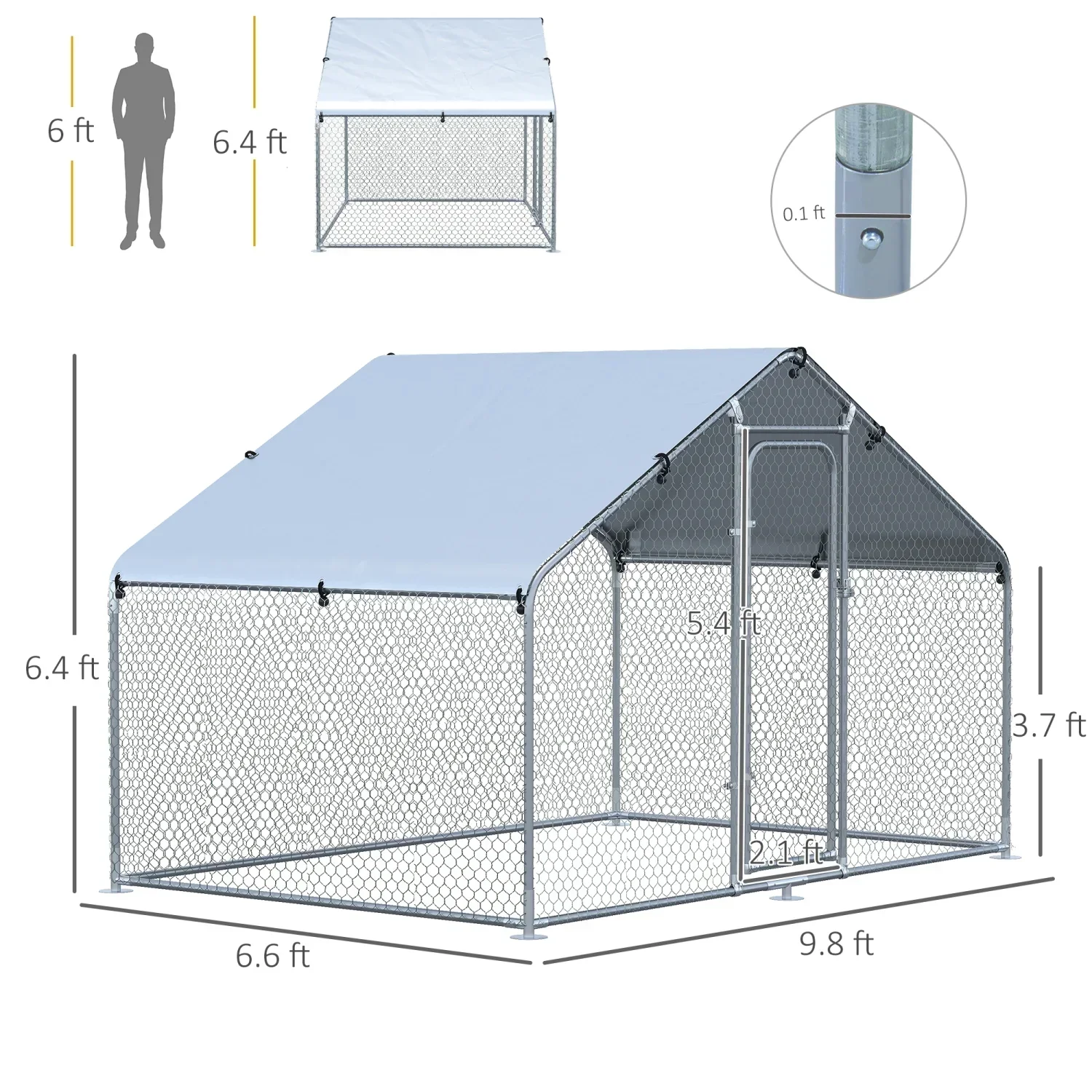 PawHut Walk-In Chicken Coop Run With Waterproof Anti-UV Cover - 9.8' x 6.6' x 6.4', 1.26 in Tube Diameter - Image 3