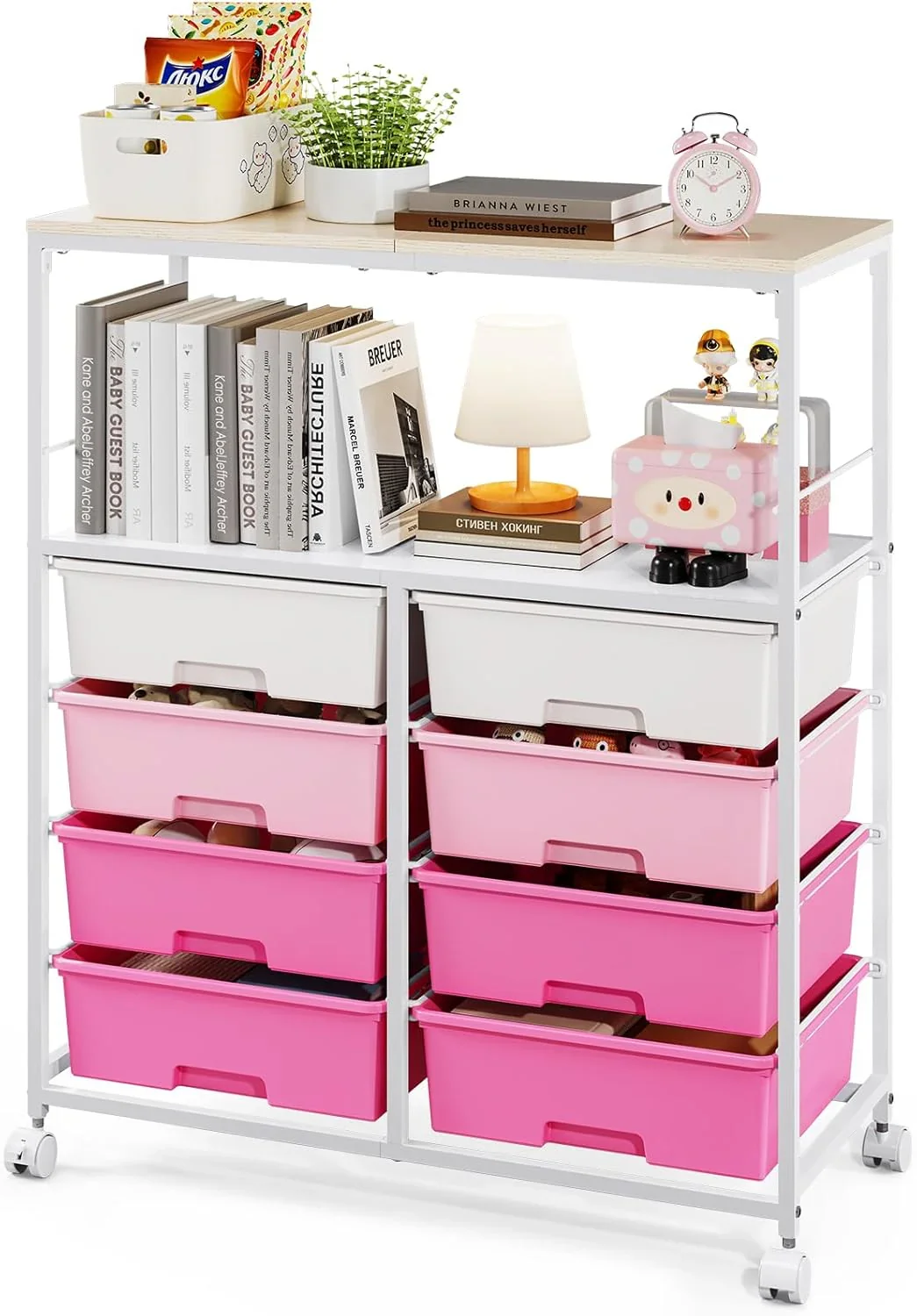 8-Drawer Rolling Storage Cart With Wooden Top And Lockable Wheels - Image 3