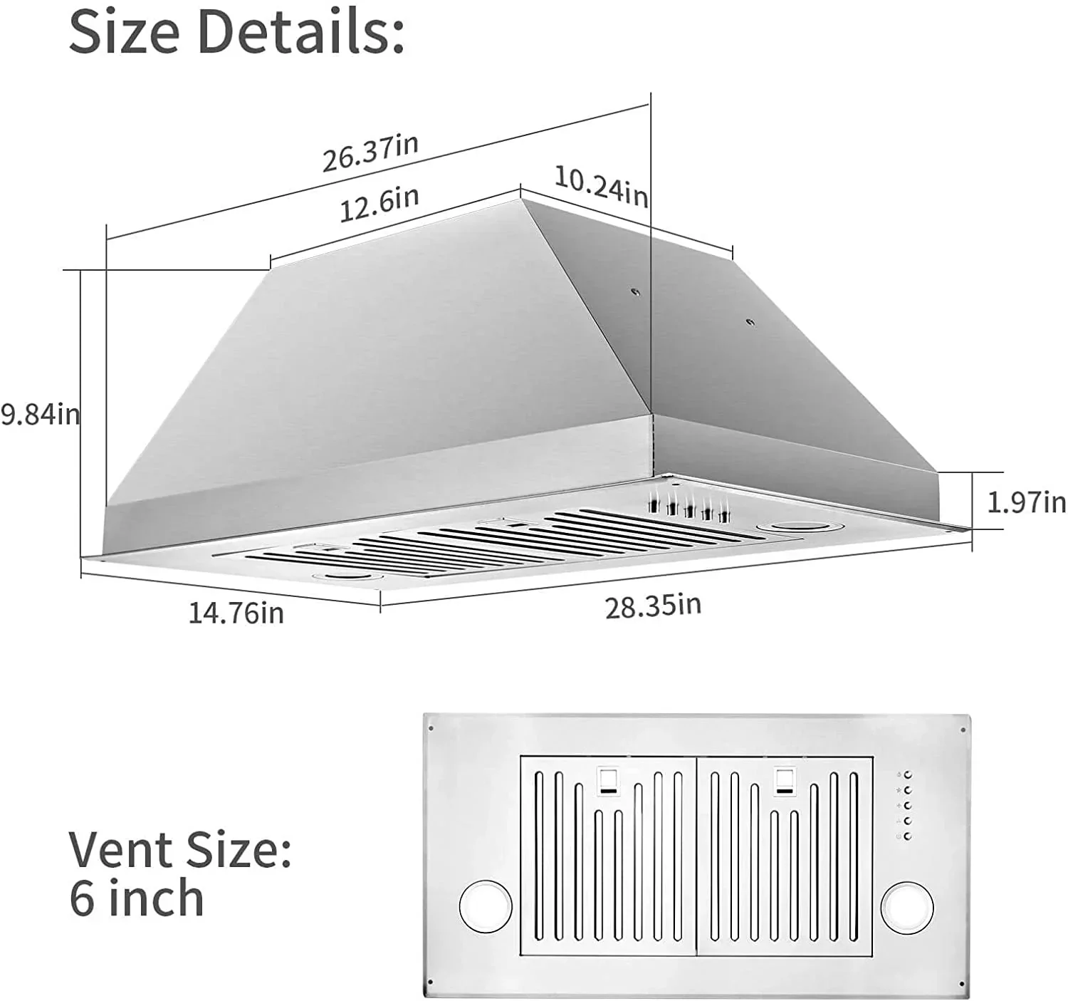 Range Hood 30 inch Built-In Insert Vent Hood, 600 CFM, Stainless Steel - Image 2