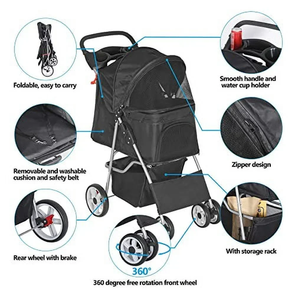 BBBuy 4-Wheel Foldable Pet Stroller, 33 Pounds, Black - Image 6