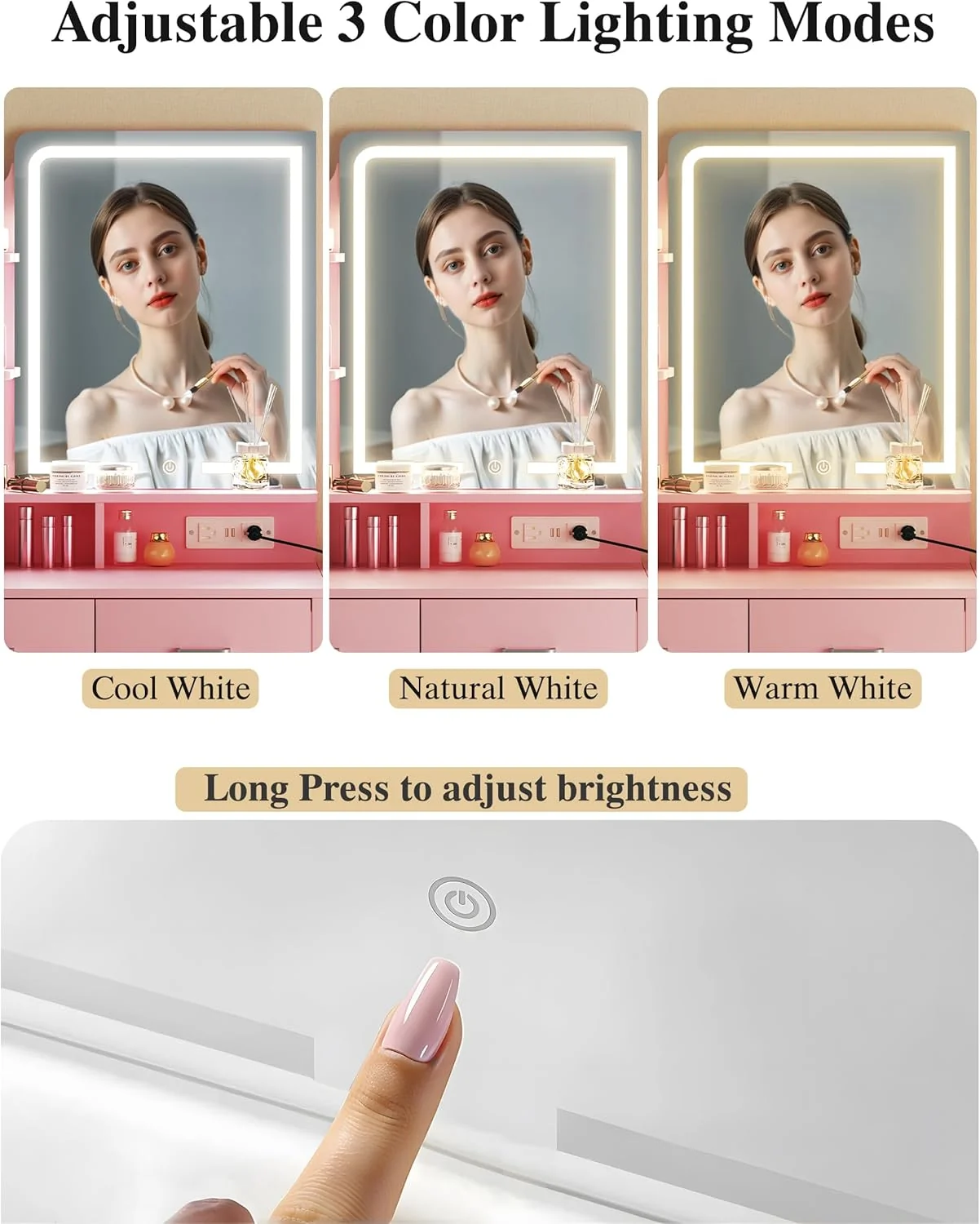 Fixwal 3-in-1 Compact Makeup Vanity Desk with Foldable Side Panel, LED Mirror & Power Outlet - Image 8