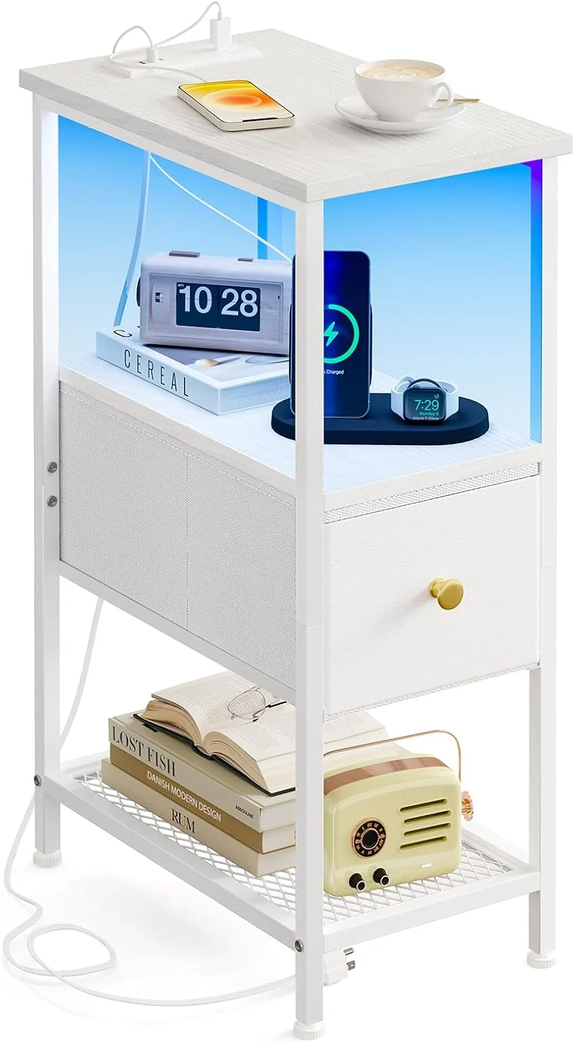 Fixwal Narrow Side Table with Charging Station and LED Light, Skinny Nightstand with 2 Fabric Drawers, Slim End Table for Bedroom, Dorm, Small Space, White - Image 5