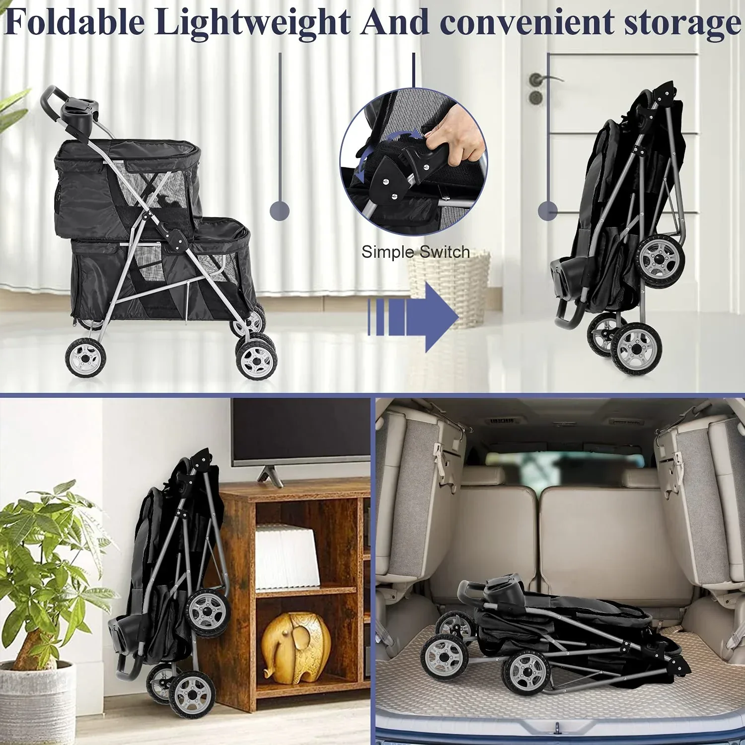 4-Wheel Foldable Pet Stroller With 2 Cages - Image 6