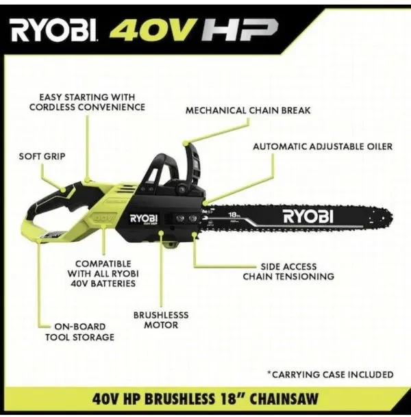Ryobi 18 40V Cordless Chainsaw Kit with Battery & Charger, Green - Image 6