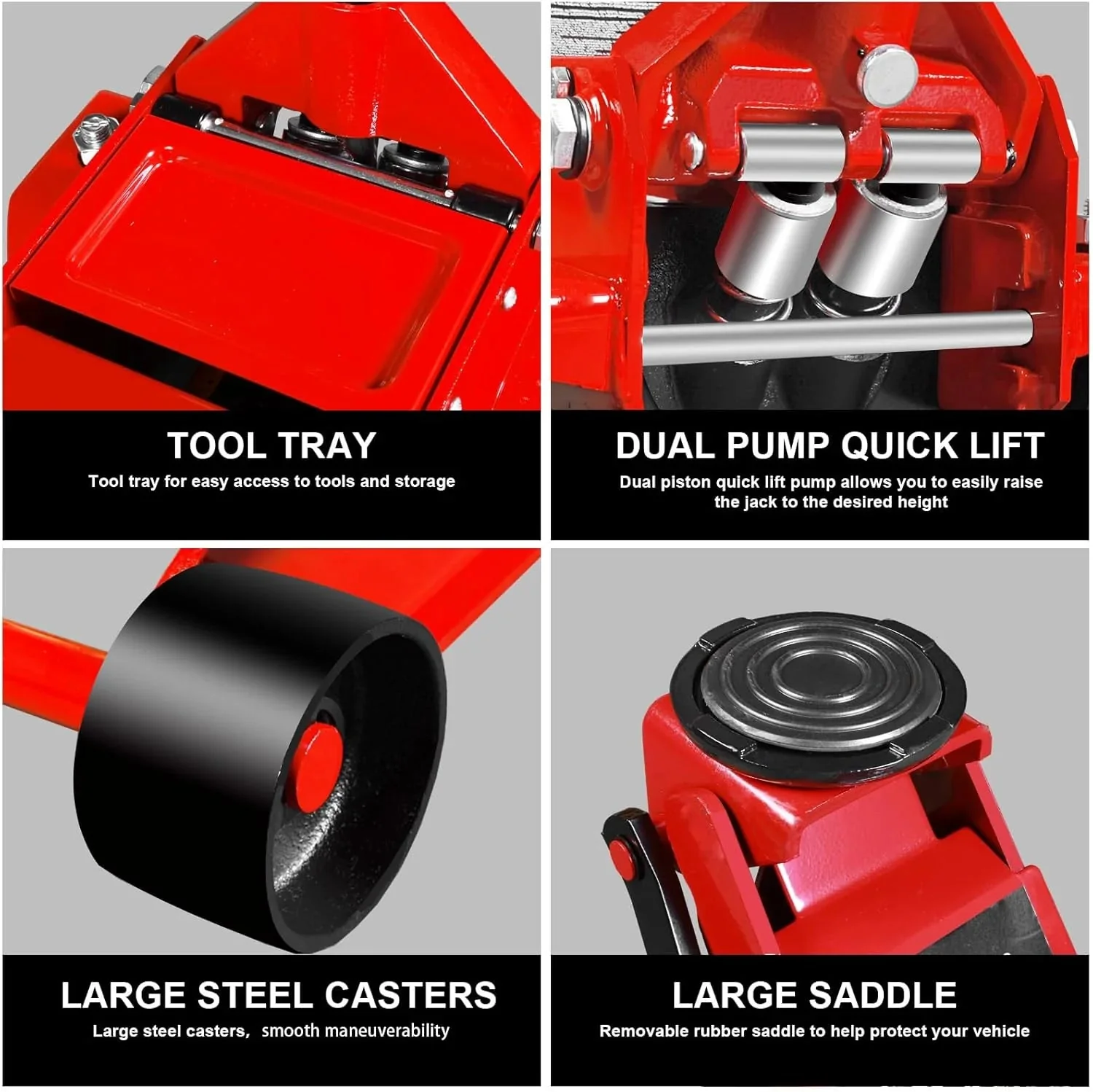3 Ton Low Profile, Aluminum and Steel Racing Floor Jack with Dual Pistons Quick Lift Pump for Sport Utility Vehicle, Lifting Range 3-15/16" min to 18-5/16" max, Red - Image 6