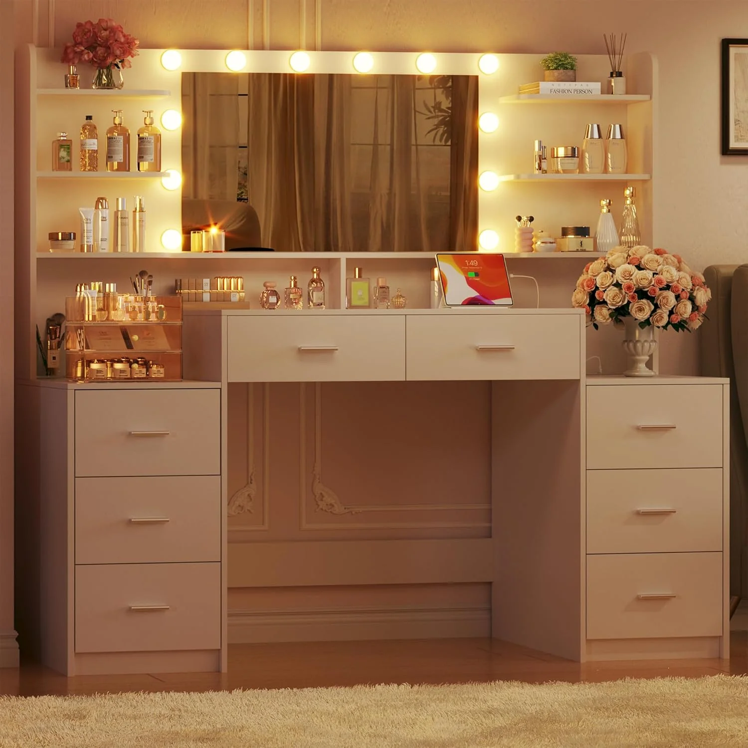 Fixwal 54.3" Professional Makeup Vanity Table with 8 Drawers, LED Hollywood Mirror & Charging Station, White - Image 4