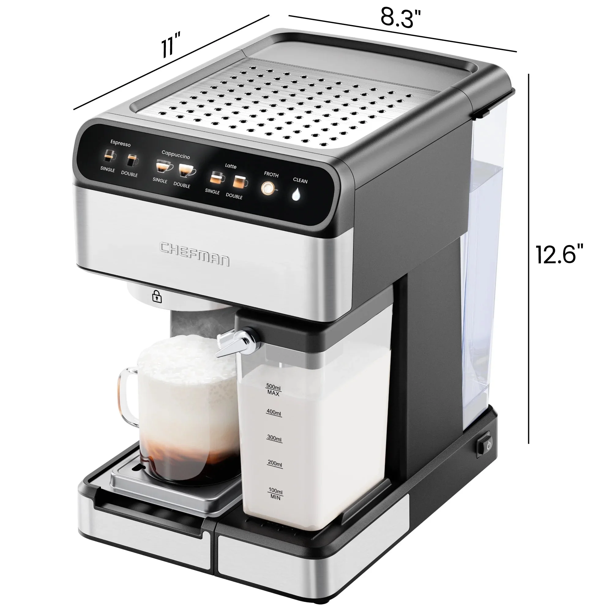 Chefman CafeMaster Pro 6-in-1 Espresso Machine With Milk Frother, Stainless Steel, 1.8-Liter - RJ54-I-SV / RJ54-I-SV-AM - Image 4