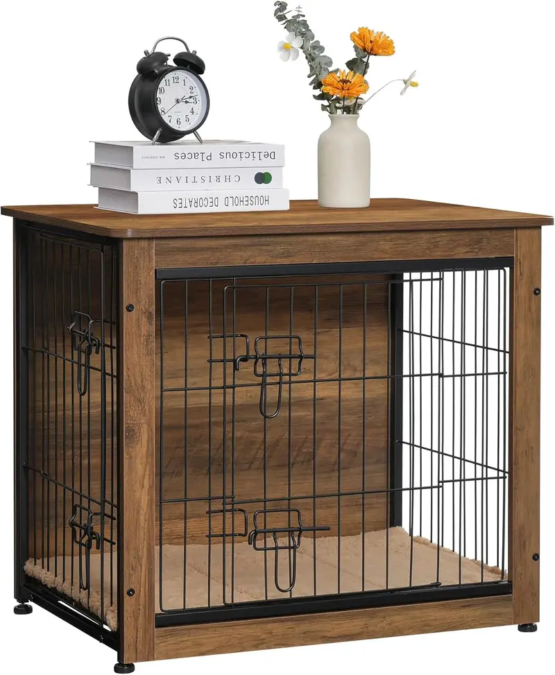 DWANTON Wooden Dog Crate Furniture With Cushion, Double Doors And Adjustable Feet - Image 2