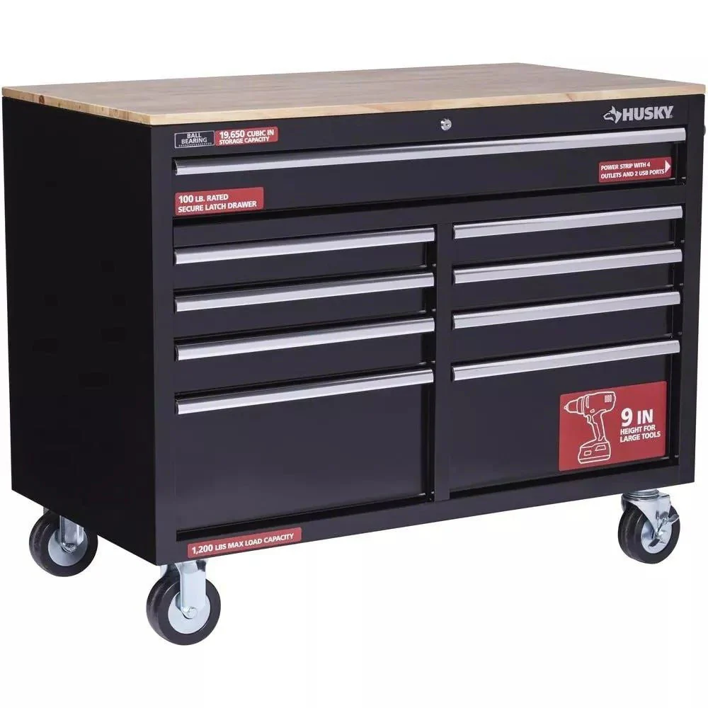 Gloss Black 46′′ 9-Drawer Mobile Tool Chest Workbench with Power Strip & Solid Wood Top - Image 4