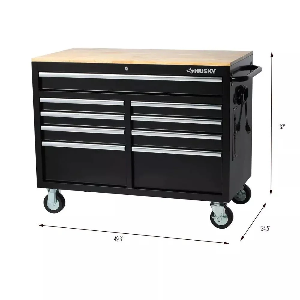 Gloss Black 46′′ 9-Drawer Mobile Tool Chest Workbench with Power Strip & Solid Wood Top - Image 6