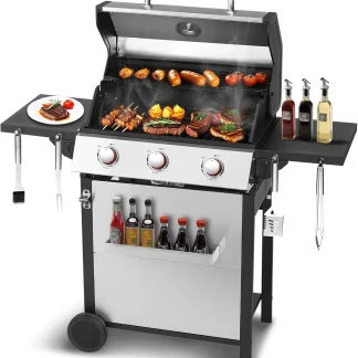 3-Burner Propane Gas Grill with 30,000 BTU Output - Double-layer Stainless Steel Grill Lid, Cast Iron Cooking Grids, Easy-Clean Grease Management & Even Heat Distribution for Perfect BBQs