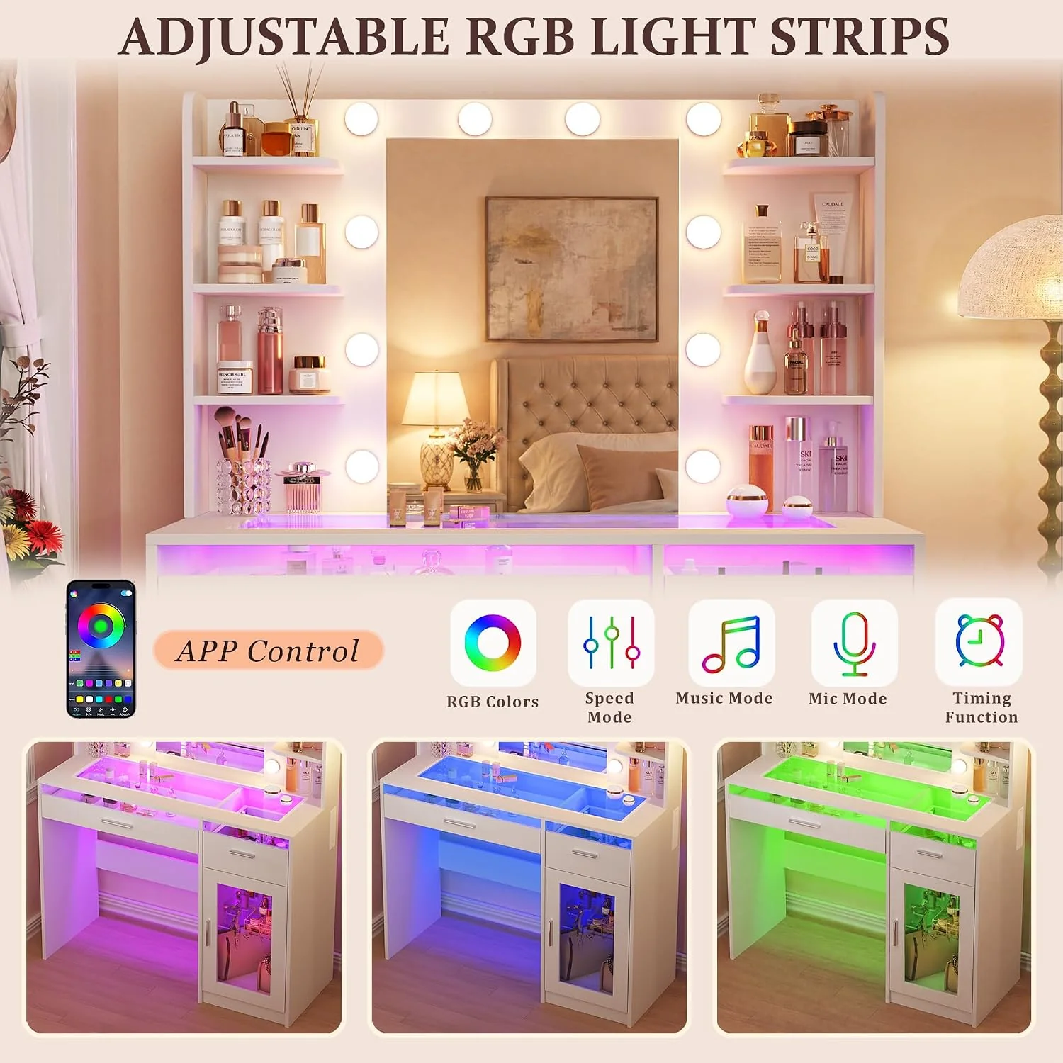 Fixwal Vanity Desk with Mirror and Lights, Makeup Vanity Table with RGB Drawers, 3-Color LED Lighting, Tempered Glass Top, 6 Shelves, Power Outlet, 35.4"W x 15.7"L x 55.1"H - Image 7