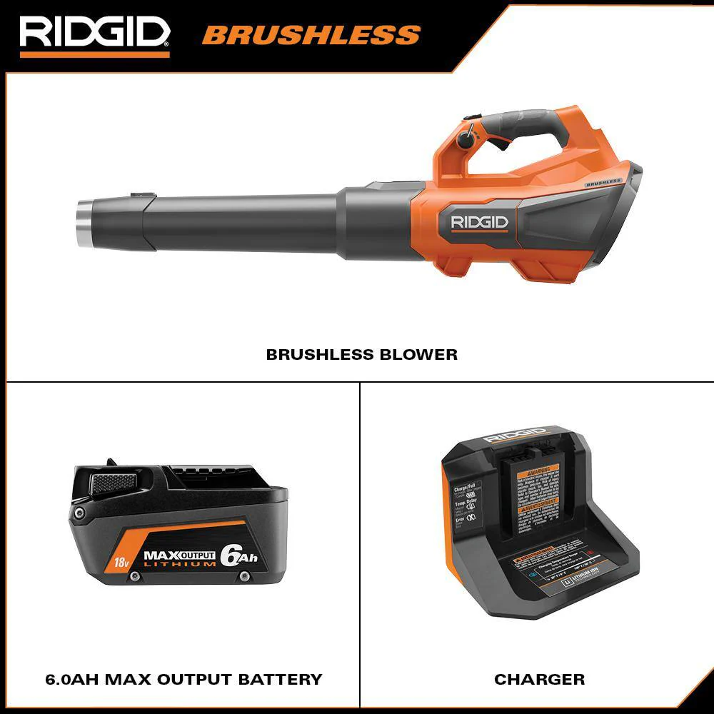 RIDGID 18V Brushless Cordless Leaf Blower, 510 CFM, 130 MPH, with 6.0Ah Battery & Charger - Image 2