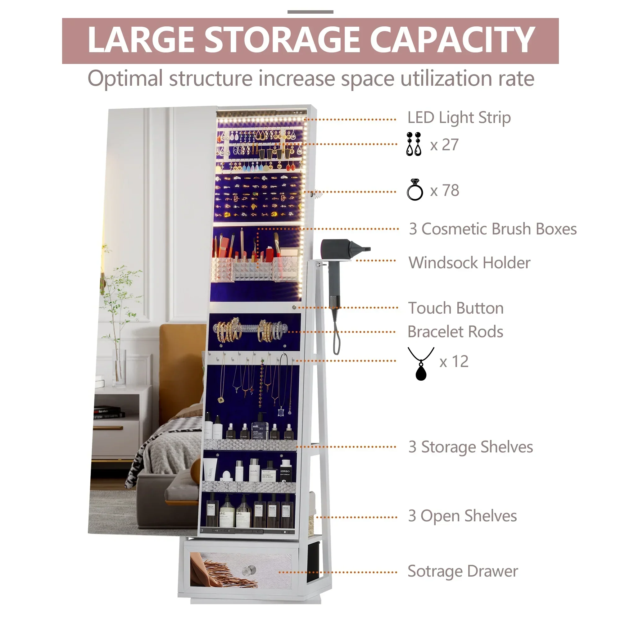 LVSOMT 360 Swivel Jewelry Cabinet With Lights, 53.5 x 14.5 in Full-Length Mirror, White - Image 3