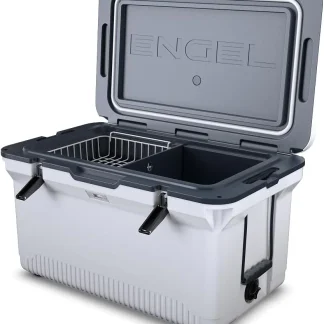 60 QT Ultra-Light Injection Molded Cooler - Ice Chest Keeps Ice up to 7 Days - Large Cooler Includes Wire Basket, Divider and Built-in Bottle Opener
