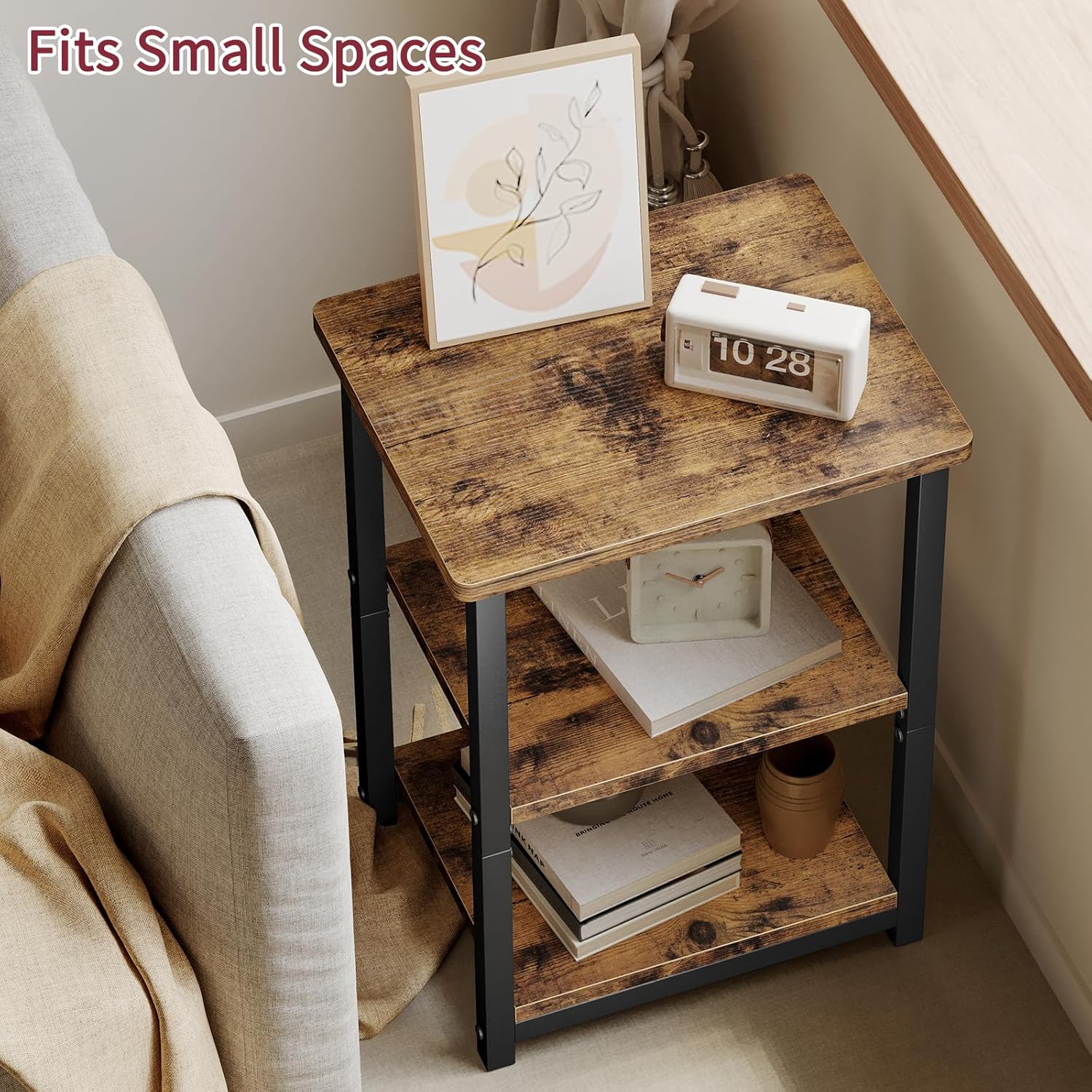 Rustic Brown Nightstand with Charging Station, 2 Fabric Drawers & Open Shelves - Image 2