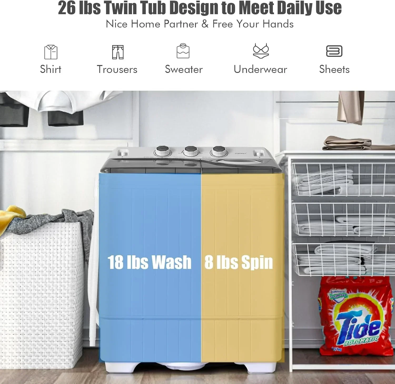 Costway Double Tub Washing Machine, 26 lb Capacity, 18 lb Wash, 8 lb Spin, Drain Pump - Image 6
